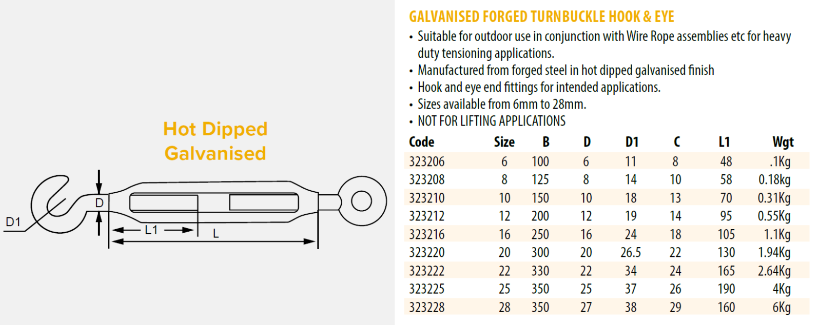 Turnbuckle Hook/ Eye Type Galvanised SIZES M6 M28